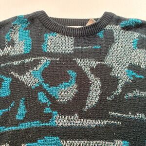 Saturdays Vintage Sweater Mens Large Geometric Abstract Knit Crewneck 90s Teal